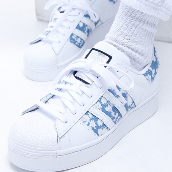 White and Blue Adidas Women's Eco Superstar Bold Sneakers - Picture 2 of 5